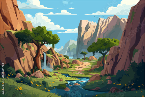 Modern cartoon vector illustration of a scenic canyon landscape. River flowing through rocky cliffs with green trees, waterfall, and blue sky. Nature background for adventure games