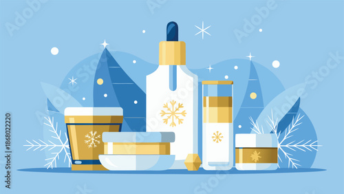 Winter skincare collection suitable for all skin types, featuring various products for hydration and protection..eps