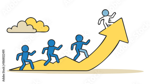 Stunning business concept with stick figures climbing up a yellow arrow