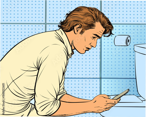 Man distracted by phone on toilet in modern bathroom