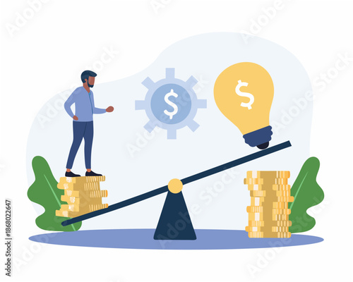 Businessman balancing wealth and innovative ideas on a seesaw