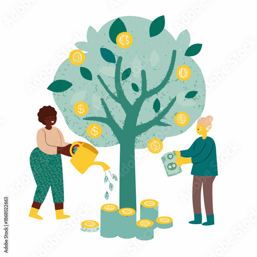 People investing in financial growth with money tree