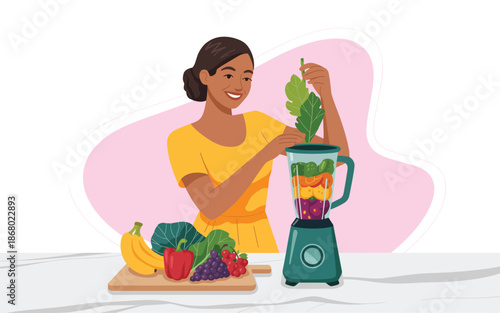 A woman preparing a healthy smoothie in a kitchen with fresh fruits and vegetables on the table