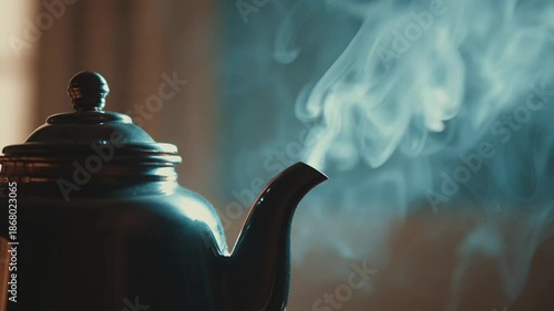 Dark Steaming Tea Kettle Close Up Indoors Hot Beverage Preparation
