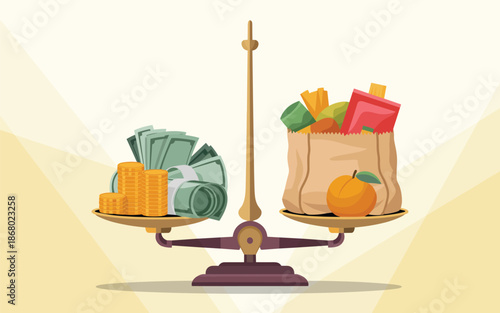 Weighing financial costs against consumer goods on a balance scale