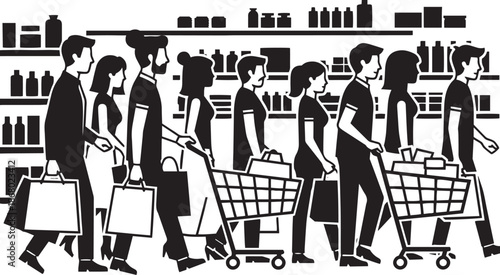Black and white of diverse people in a grocery store aisle with shopping carts and bags