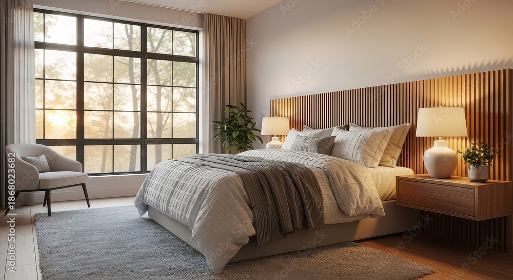 Fototapeta premium Cozy bedroom interior featuring a comfortable bed and natural light from a large window