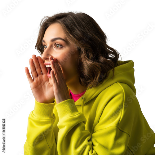 Young woman shouting or calling out loudly with hands cupped around mouth, isolated on transparent background