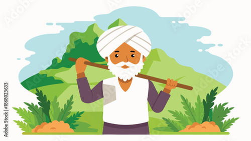 Visuals representing National Farmers Day, including farmers at work, fields of crops, and tools of agriculture..eps