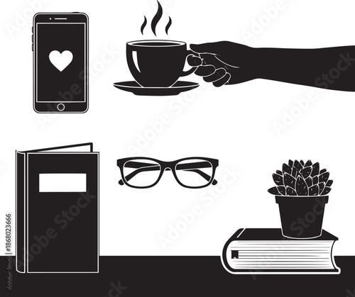 Black silhouette of smartphone with heart book glasses hot coffee and potted plant love hot drink