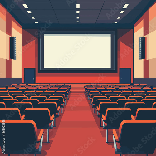 An empty conference hall with a projector screen and rows of seating , vector style simple color