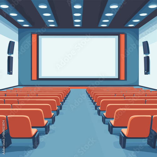 An empty conference hall with a projector screen and rows of seating , vector style simple color