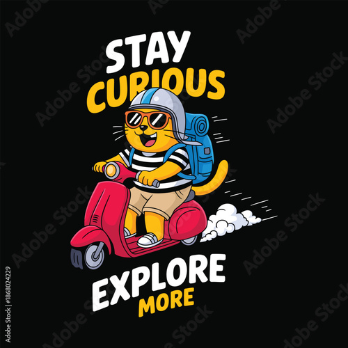 Cartoon Cat Riding Red Scooter with Backpack and Helmet