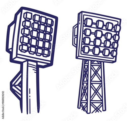 Line art illustration of two stadium floodlights for sports arenas and outdoor events.