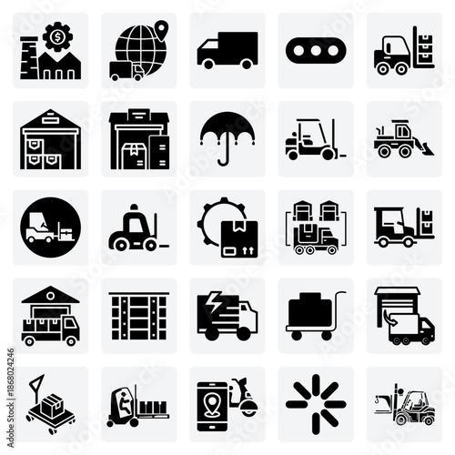 Distribution Center And Warehouse Operations – Forklift, Conveyor Belt, And Delivery Truck For Supply Chain And Logistics Graphics.