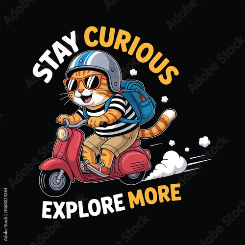 Cat Riding Red Scooter with Backpack and Helmet sunglasses