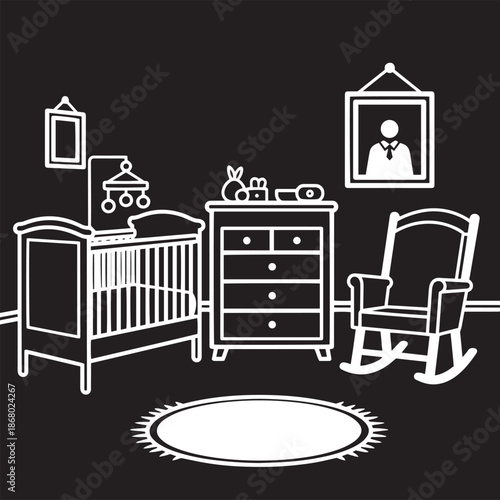 White line nursery room interior with crib dresser rocking chair and rug baby room