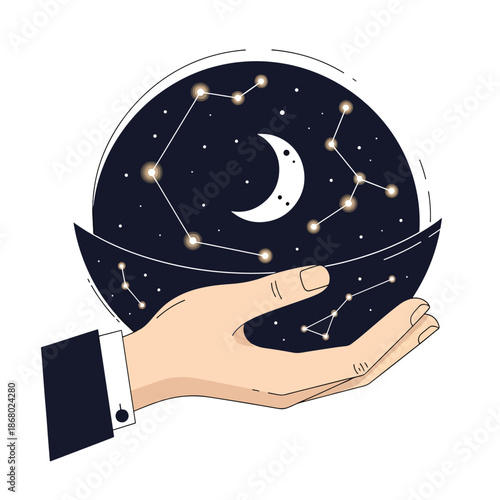 Hand holding a magical celestial sphere with moon and constellations, cosmic dream illustration