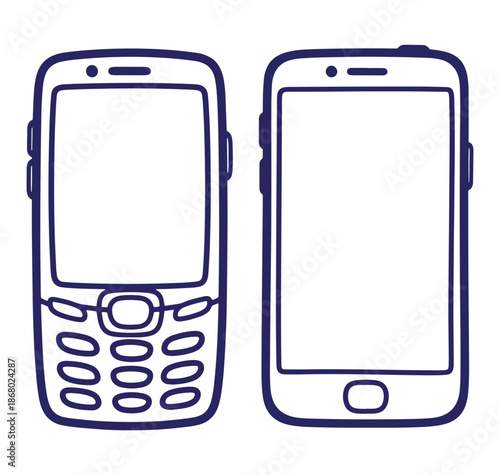 Line drawing illustration of two mobile phones one old and one modern design