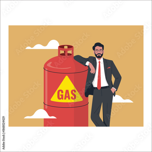 Businessman standing next to a large red gas cylinder