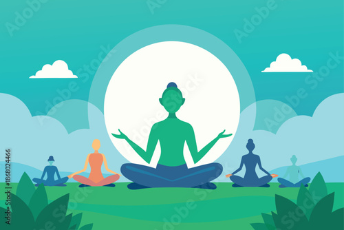 People in lotus position engaged in yoga meditation, creating a peaceful atmosphere in a natural setting..eps