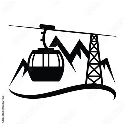Cable Car Over Mountain Landscape With Tower silhouette