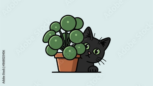 Cute black cat peeking from behind a potted plant.