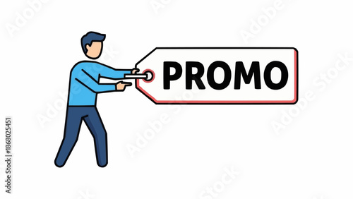 Man holding a large promotional tag with the word promo.