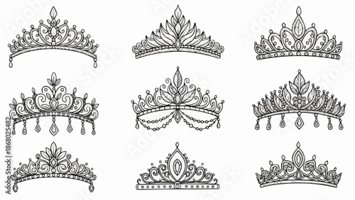 Collection of ornate tiaras and crowns with intricate designs.