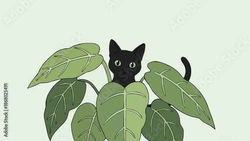 Black cat peeking through large green leaves in a minimalist style.