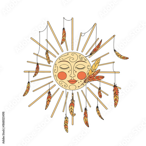 Bohemian vector illustration of a peaceful sun with a human face and hanging feathers, spiritual art