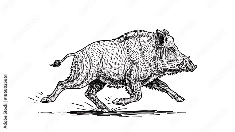 Fototapeta premium Running wild boar sketch engraving illustration T-shirt apparel print design Scratch board imitation