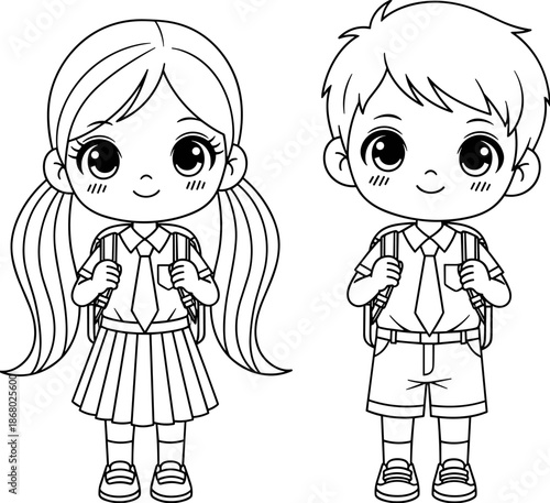 Cute chibi school boy and girl with backpacks coloring page, adorable anime students line art vector for kids back school.