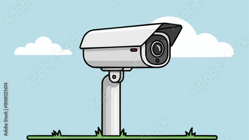 Modern Security Camera Mounted on a Pole Outdoors.