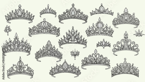 Collection of ornate vintage tiaras and crowns with intricate details.
