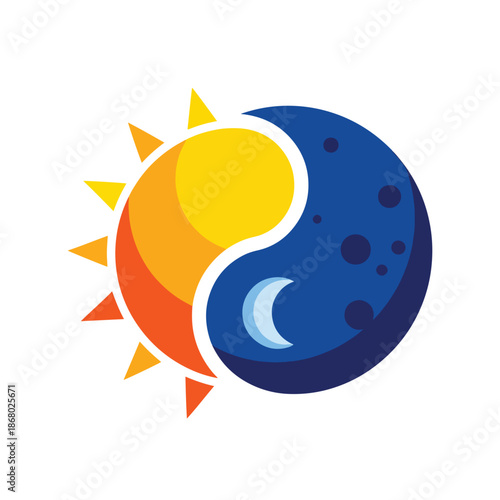 Stylized Vector Graphic of Day and Night Balance with Sun and Moon Celestial Elements