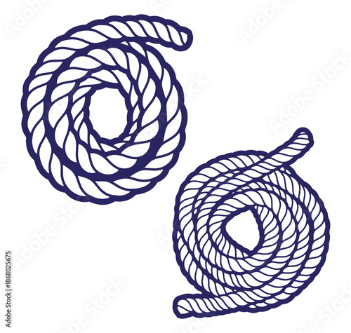 Two coiled nautical ropes in dark blue on white background for marine and sailing design