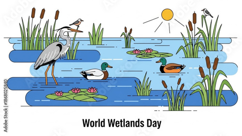 World wetlands day illustration with heron ducks and birds in a serene aquatic ecosystem with lily pads and cattails with wildlife and conservation