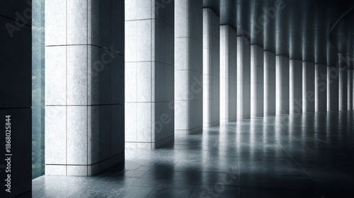 Corporate corridor lined with vertical stone columns illuminated by side-light brilliance enhances metallic edges shadows align rhythmically across