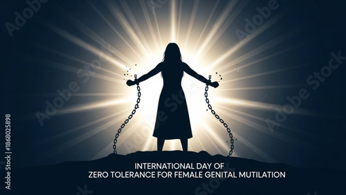Woman breaking free from chains symbolizing female empowerment and the fight against female genital mutilation on international day of zero tolerance