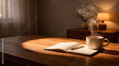 cozy self care moment with coffee and open notebook. copy space for text