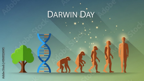 Evolutionary biology concept with human evolution from ape to man and dna double helix structure on gradient background for darwin day with genetics