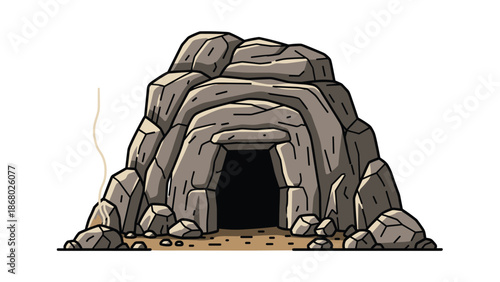A rough, rocky cave entrance depicted in a pixel art style, with a dark opening and a suggestion of smoke or mist rising from the side.