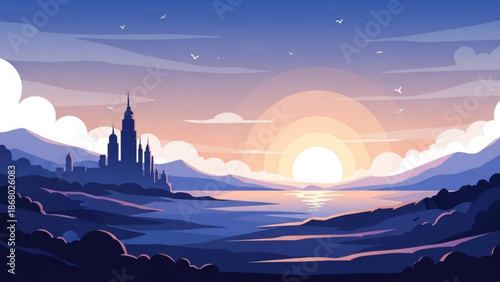 A serene digital illustration of a fantasy cityscape at sunset with a large body of water and mountains in the background under a vibrant sky with birds flying overhead