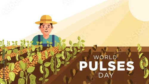 Happy farmer standing in field of pulses on world pulses day with lush green plants and ripe pods with agriculture and crops and harvest and sustainable