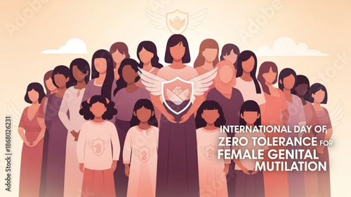 Diverse group of women and girls standing united against female genital mutilation on international day of zero tolerance with women empowerment