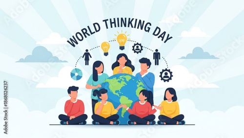 Diverse group of people sitting around the globe on world thinking day with lightbulbs and gears symbolizing ideas and innovation with teamwork
