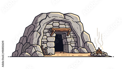 A pixel art illustration of a stone cave entrance with a wooden beam above the opening, a campfire, and tools nearby.