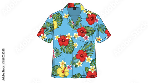 A vibrant blue Hawaiian shirt adorned with red hibiscus flowers, yellow plumerias, and green tropical leaves, featuring a classic button-up style.
