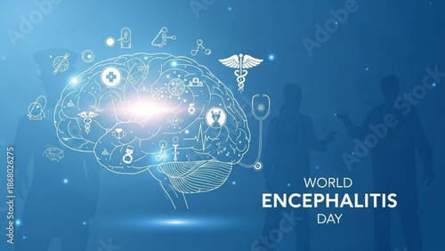 World encephalitis day awareness campaign with brain illustration and medical symbols on blue background with health and neurology and medicine
